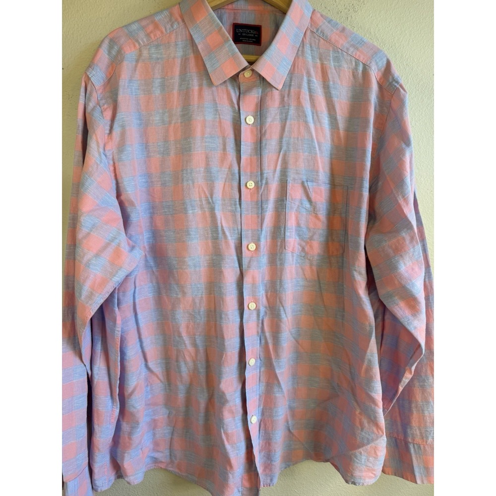 UNTUCKit Anderson Mens 2XL Pink Blue Plaid Long Sleeve Cotton Linen Button Up